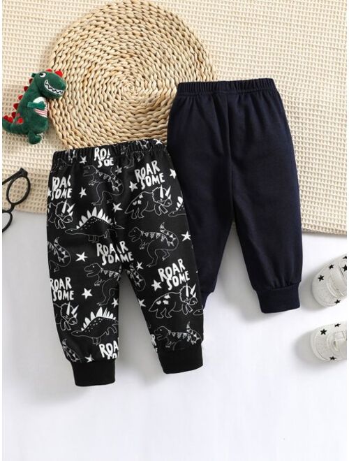 Shein Baby 2pcs Letter Dinosaur Print Sweatpants