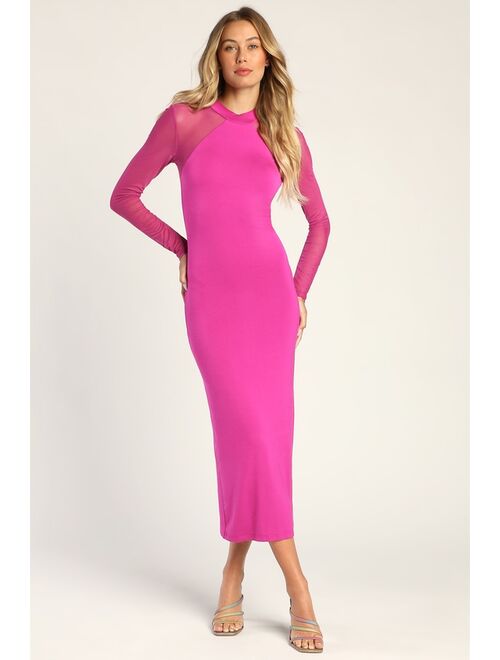 Lulus Making a Move Magenta Mesh Long Sleeve Bodycon Midi Dress