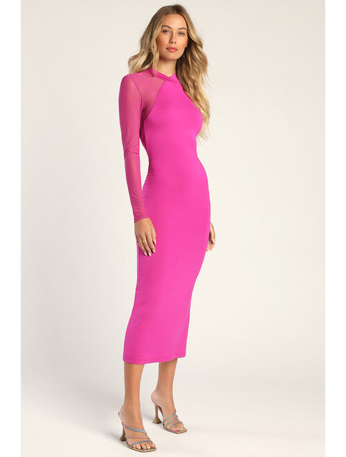 Lulus Making a Move Magenta Mesh Long Sleeve Bodycon Midi Dress