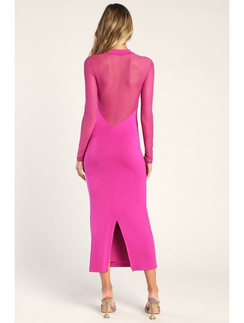 Lulus Making a Move Magenta Mesh Long Sleeve Bodycon Midi Dress