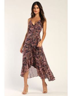 Effortless Days Navy Blue Paisley Print Ruffled Midi Dress