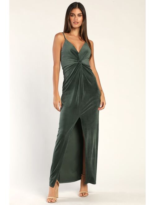 Lulus Twisted Attraction Dark Sage Velvet Twist-Front Maxi Dress