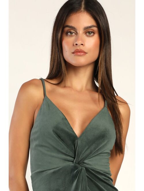 Lulus Twisted Attraction Dark Sage Velvet Twist-Front Maxi Dress