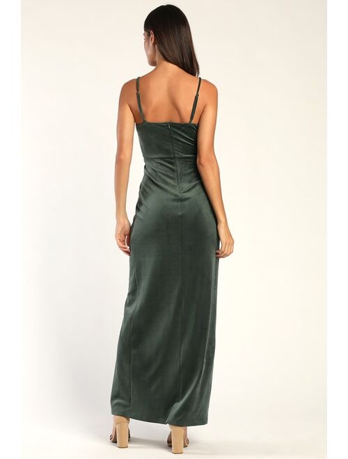 Lulus Twisted Attraction Dark Sage Velvet Twist-Front Maxi Dress