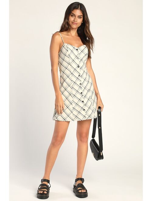 Lulus Put On The Charm Ivory Plaid Button-Front Mini Dress