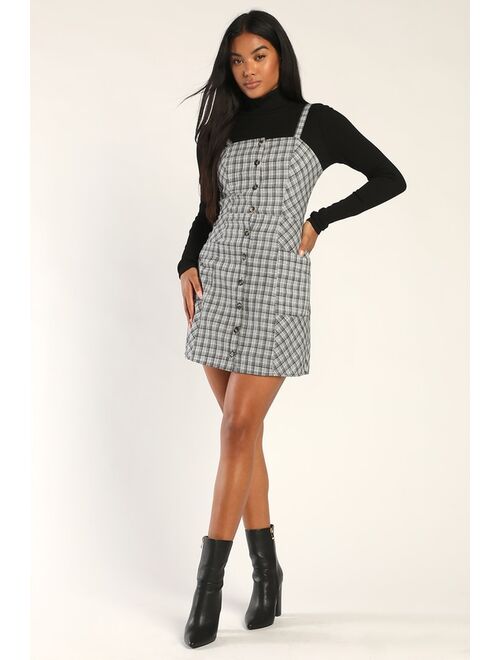 Lulus Right in Line Black and White Plaid Tie-Back Dress With Pockets