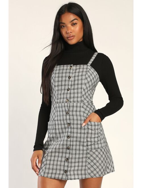 Lulus Right in Line Black and White Plaid Tie-Back Dress With Pockets