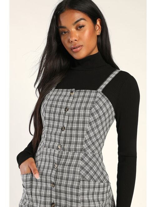 Lulus Right in Line Black and White Plaid Tie-Back Dress With Pockets