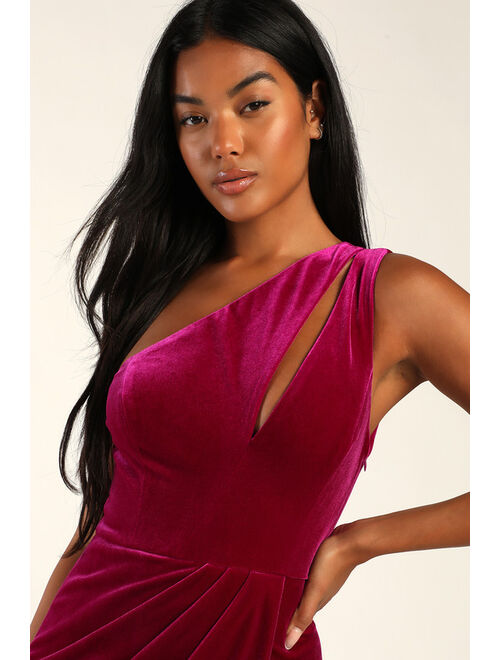 Lulus Impressive Essence Magenta Velvet One-Shoulder Cutout Midi Dress