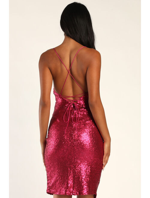 Lulus Love the Attention Matte Magenta Sequin Lace-Up Mini Tulip Dress