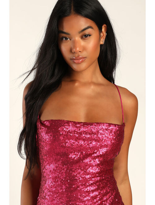 Lulus Love the Attention Matte Magenta Sequin Lace-Up Mini Tulip Dress