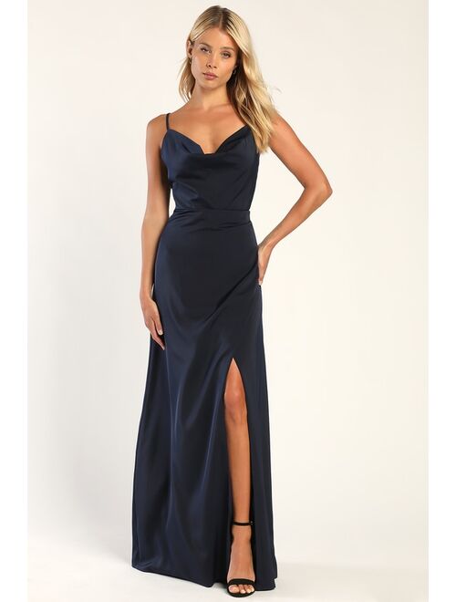 Lulus Unforgettable Love Blue Satin Cowl Neck Faux-Wrap Maxi Dress