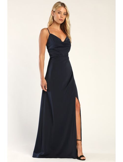 Lulus Unforgettable Love Blue Satin Cowl Neck Faux-Wrap Maxi Dress