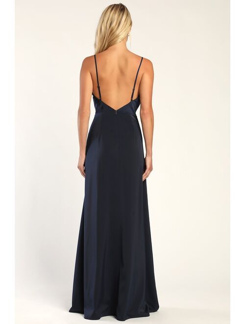 Lulus Unforgettable Love Blue Satin Cowl Neck Faux-Wrap Maxi Dress