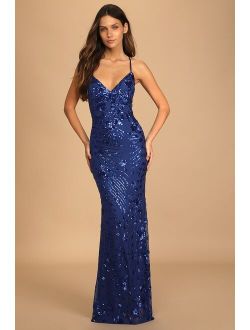 Photo Finish Royal Blue Sequin Lace-Up Maxi Dress