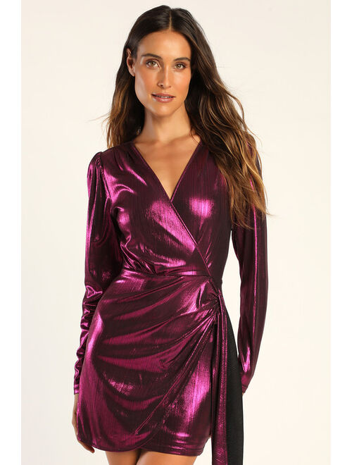 Lulus Retro Radiance Shiny Magenta Long Sleeve Tulip Mini Dress