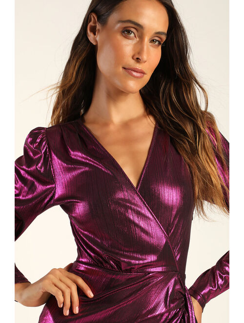 Lulus Retro Radiance Shiny Magenta Long Sleeve Tulip Mini Dress