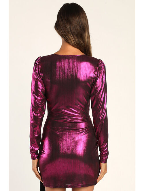 Lulus Retro Radiance Shiny Magenta Long Sleeve Tulip Mini Dress