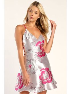 Memorable Magic Silver Floral Jacquard Mini Dress With Pockets