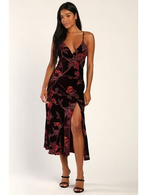 Lulus Divine Allure Burgundy Floral Burnout Velvet Midi Dress