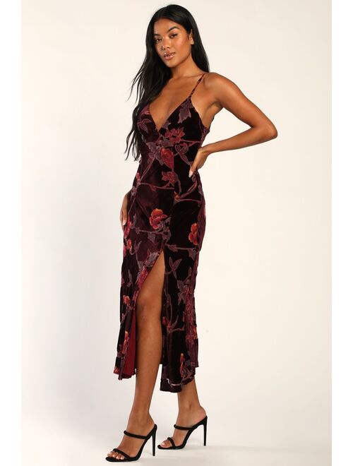 Lulus Divine Allure Burgundy Floral Burnout Velvet Midi Dress