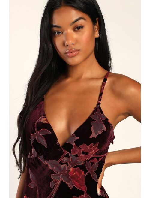 Lulus Divine Allure Burgundy Floral Burnout Velvet Midi Dress