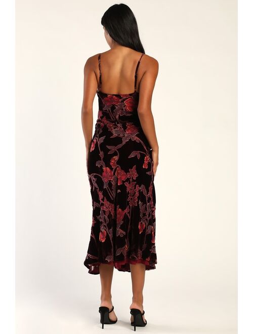 Lulus Divine Allure Burgundy Floral Burnout Velvet Midi Dress