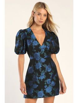 Whimsical Sweetheart Black Floral Jacquard Puff Sleeve Dress