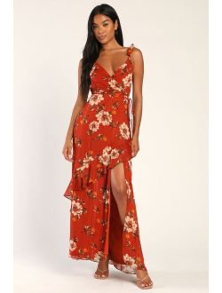 Pleased to Be Rust Orange Floral Print Ruffled Maxi Dress