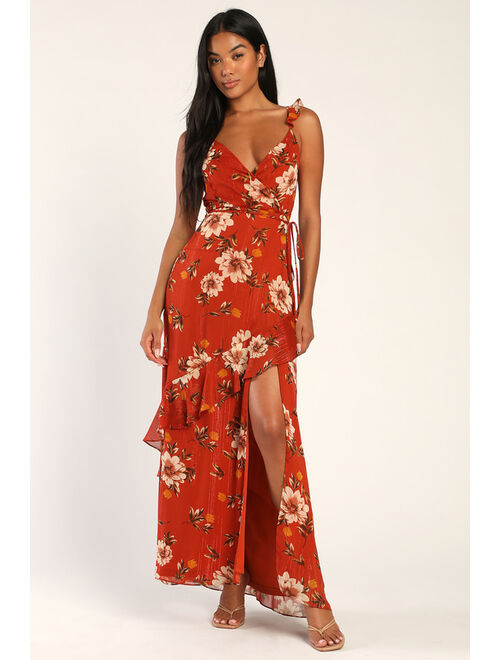 Lulus Pleased to Be Rust Orange Floral Print Ruffled Maxi Dress