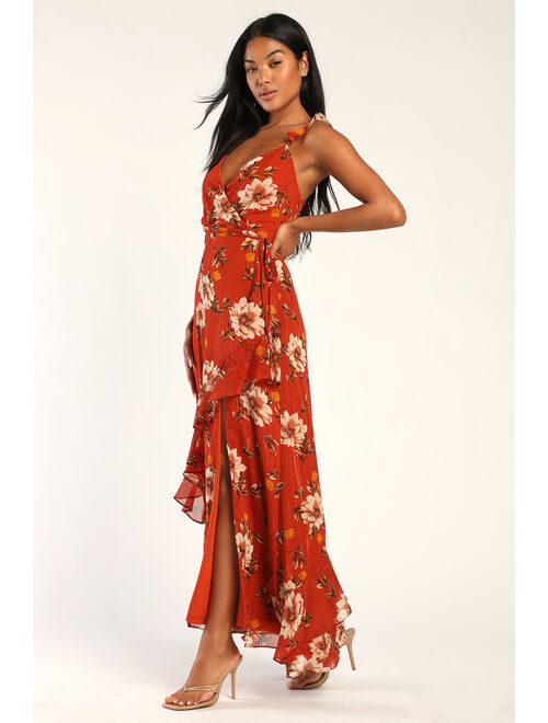 Lulus Pleased to Be Rust Orange Floral Print Ruffled Maxi Dress