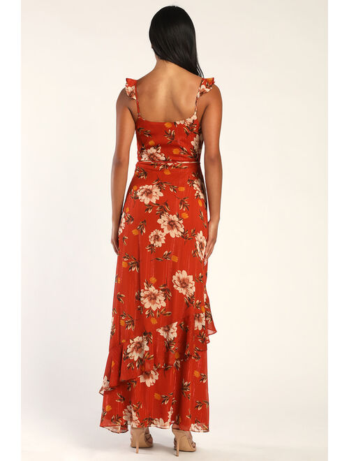 Lulus Pleased to Be Rust Orange Floral Print Ruffled Maxi Dress