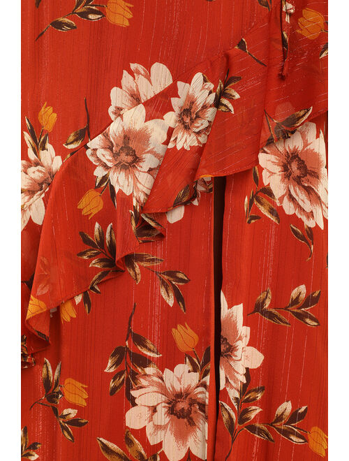 Lulus Pleased to Be Rust Orange Floral Print Ruffled Maxi Dress