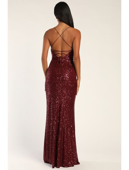 Lulus Evenings of Elegance Burgundy Sequin Lace-Up Maxi Dress