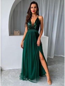 Joyfunear Sequin Bodice Backless Mesh Cami Prom Dress