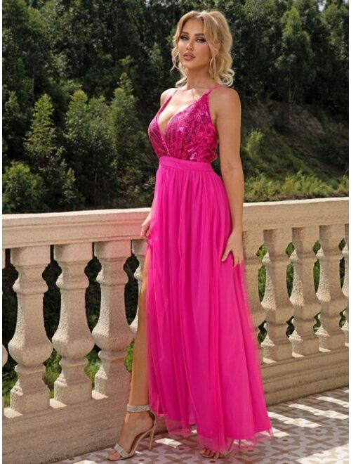 Joyfunear Sequin Bodice Backless Mesh Cami Prom Dress