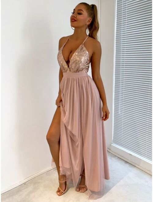 Joyfunear Sequin Bodice Backless Mesh Cami Prom Dress