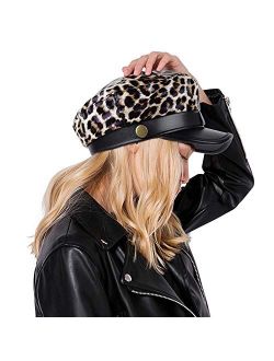 DOCILA Unique PU Leather Newsboy Cap for Women Vintage Animal Spot/Stripe Print Visor Beret 8 Panels Octagonal Hat