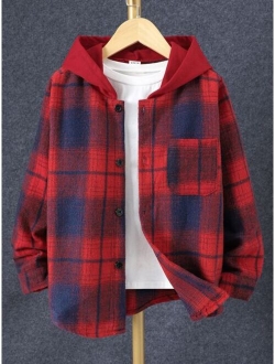 Boys Plaid Patched Pocket Hooded Shirt Without Tee