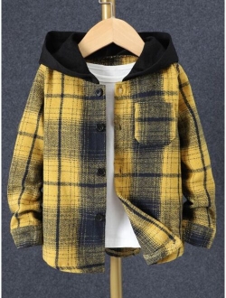 Boys Plaid Patched Pocket Hooded Shirt Without Tee