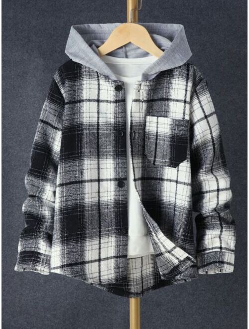 Shein Boys Plaid Patched Pocket Hooded Shirt Without Tee