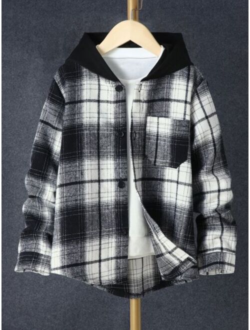 Shein Boys Plaid Patched Pocket Hooded Shirt Without Tee