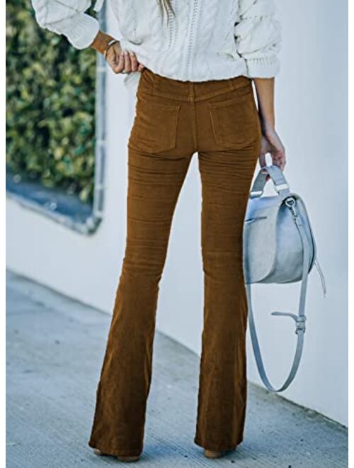 Sidefeel Women Corduroy Flare Pants Elastic Waist Bell Bottom Trousers