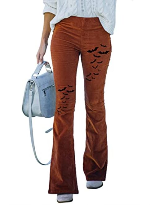 Sidefeel Women Corduroy Flare Pants Elastic Waist Bell Bottom Trousers