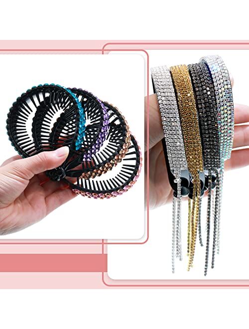 Mtlee 8 Pieces Bun Clip Large Rhinestone Bun Cover Tassel Claw Expanding Elegant Glitter Hair Accessories Bun Holder Rhinestone Hair Clip for Buns Half Balloon Expanding 