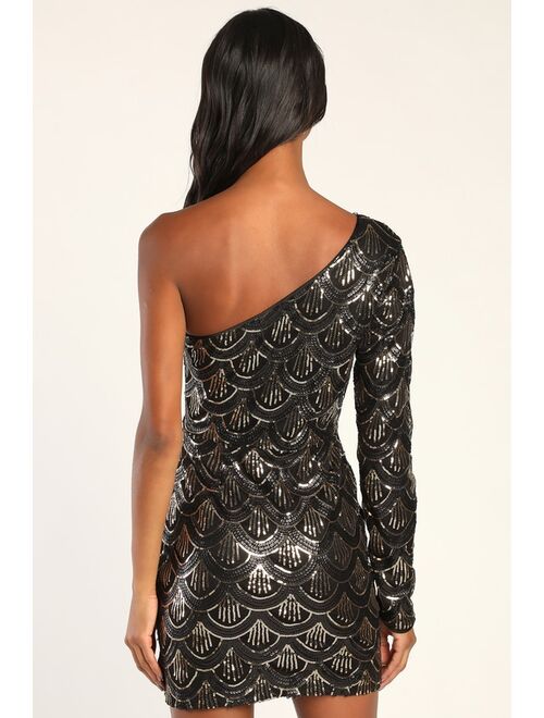 Lulus Inspired Allure Black Sequin One-Shoulder Bodycon Mini Dress