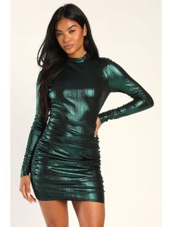 Legacy Looks Shiny Emerald Green Long Sleeve Ruched Mini Dress