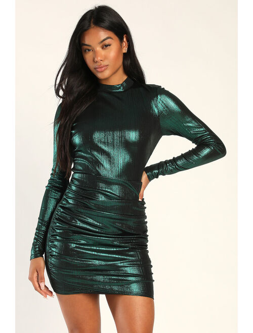 Lulus Legacy Looks Shiny Emerald Green Long Sleeve Ruched Mini Dress