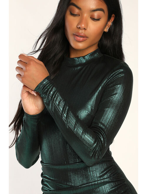 Lulus Legacy Looks Shiny Emerald Green Long Sleeve Ruched Mini Dress