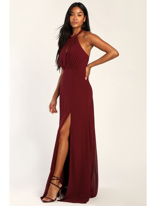 Lulus Truly Delightful Burgundy Halter Maxi Dress